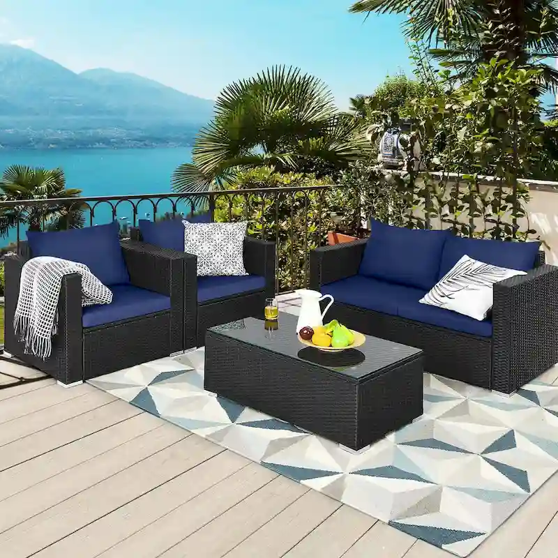 Costway 4 PCS Patio Rattan Furniture Set Cushioned Sofa Chair Coffee - See Description