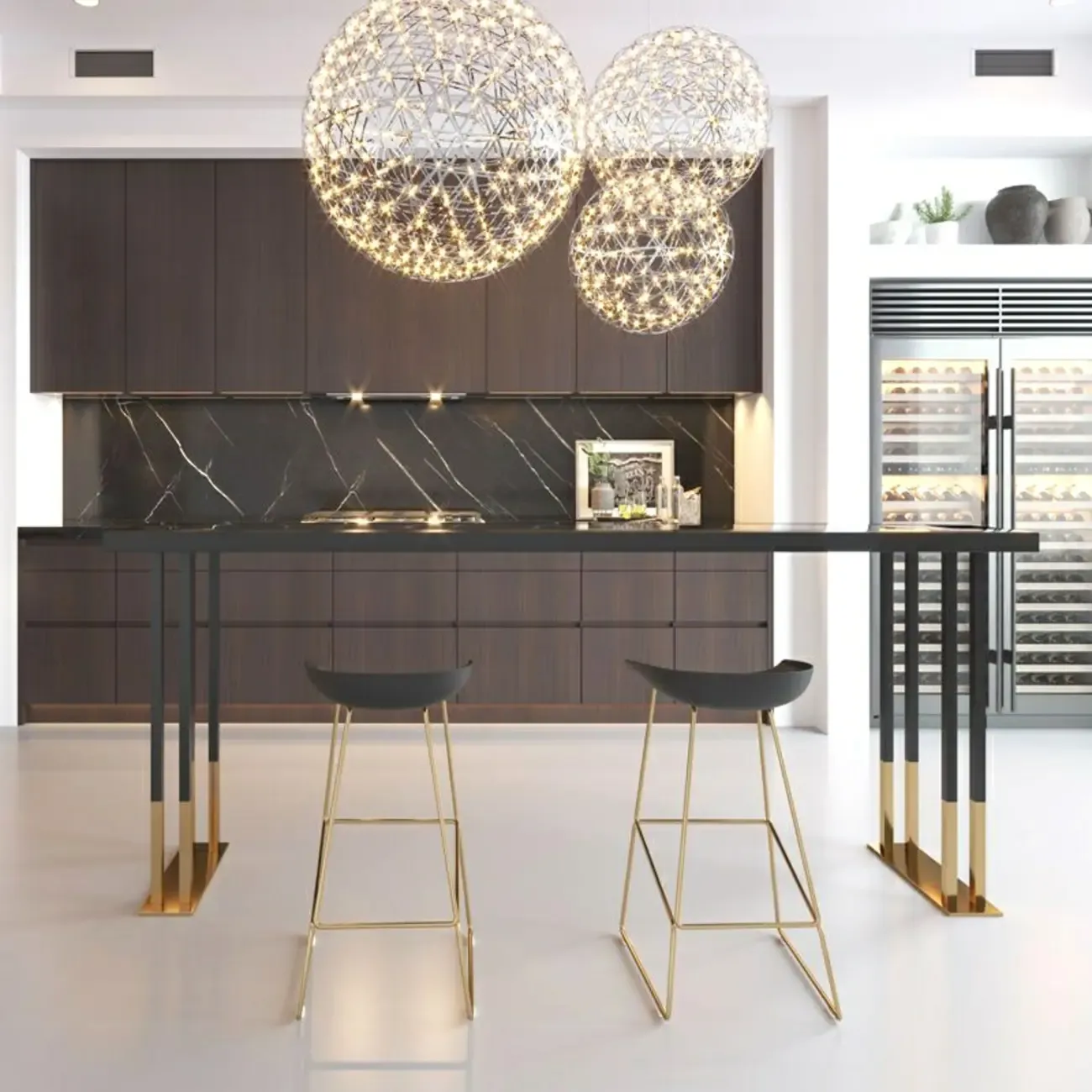 Luxury Black Metal Height Bar Table with Golden Legs for 8 People