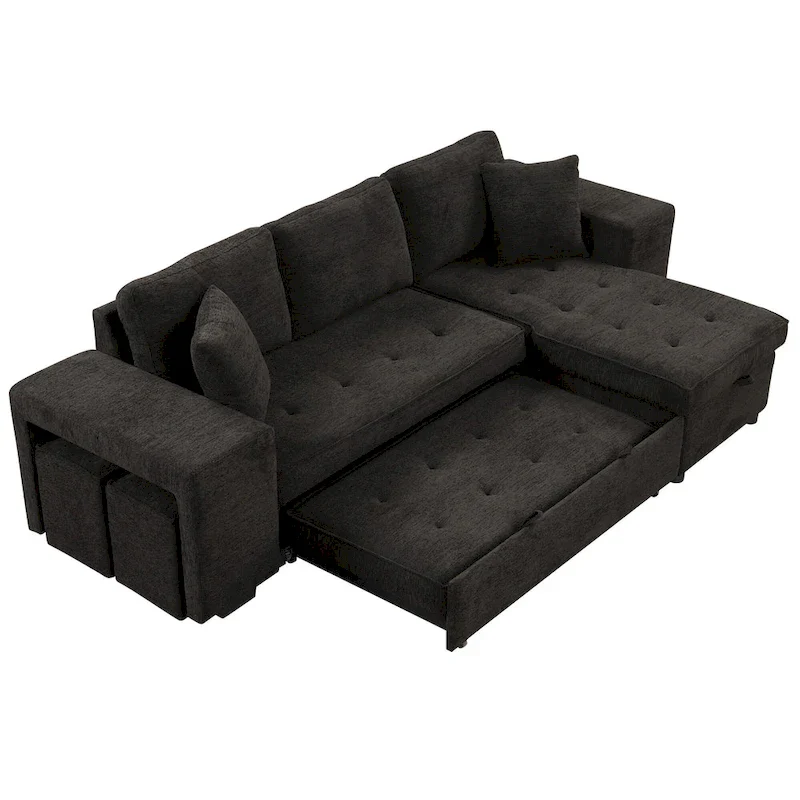 Roomfitters 3-Seater Modern L-Shape Reversible Sectional Couch, Pull-Out Sleeper Sofa with Storage Chaise and Two Stools