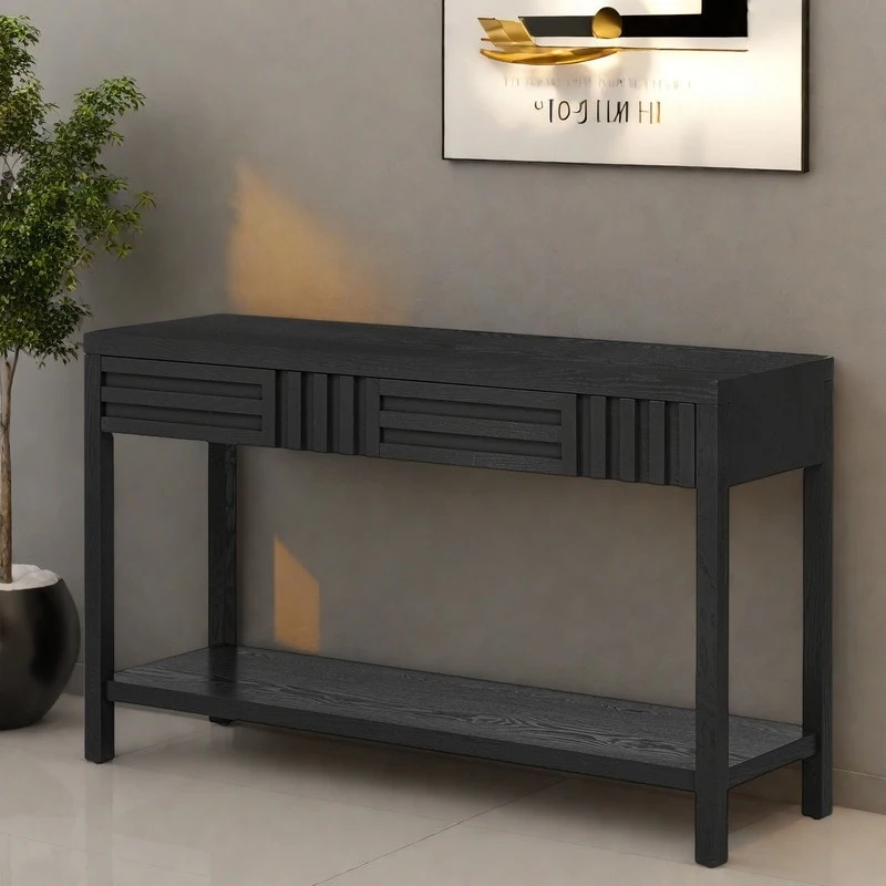 51.3 MDF Classic Stripe Console Table - Ash Veneer & Fir Wood Legs with 2 Drawers