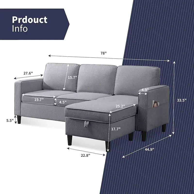 Mixoy 78inch Modern 3-Seat L Shaped Upholstered Sofa with Ottoman