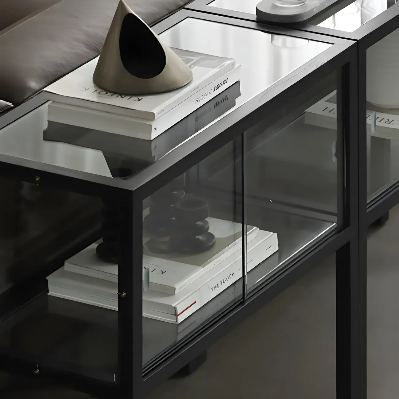 Modern Black Glass Display Cabinet with Metal Frame