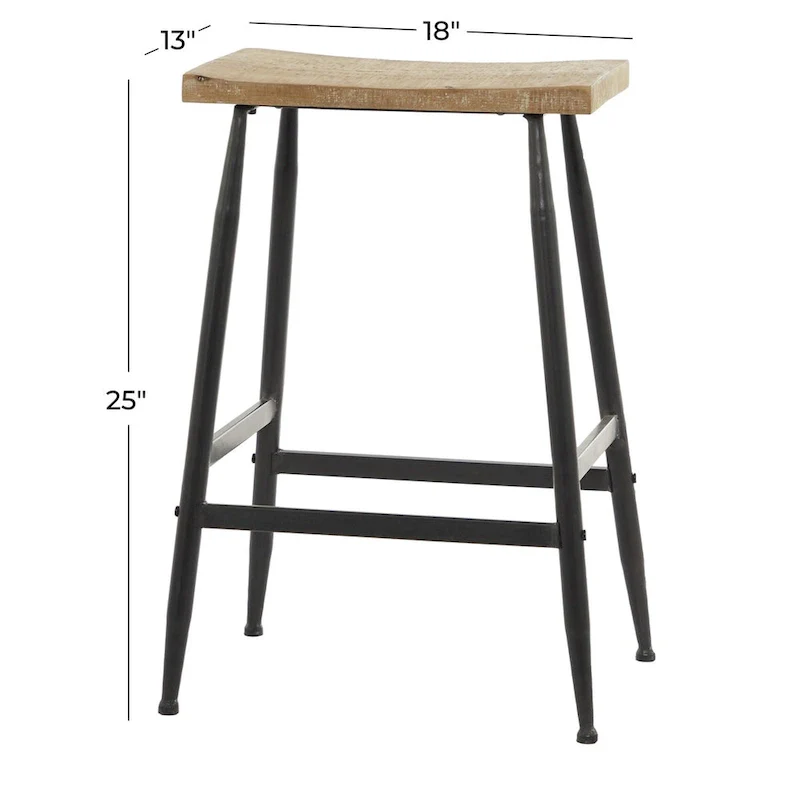 Metal Counter Stool with Brown Wood Top - Black