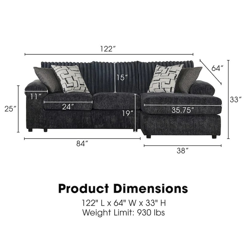 New Classic Furniture Luna Charcoal Grey Right Facing Sectional, Made in USA