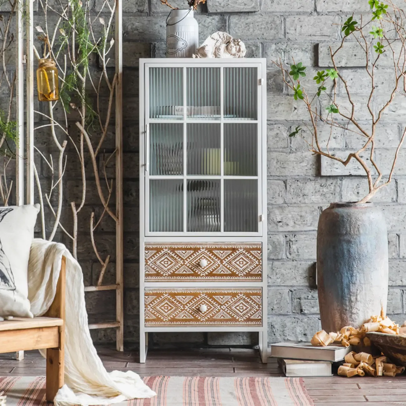 Bohemian White Accent Cabinet with Glass Door & Drawers