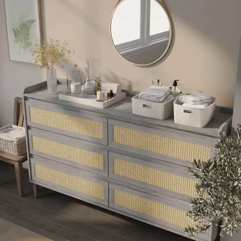 DH BASIC Boho Chic Beach 63-inch Wide Rattan 6-Drawer Dresser by Denhour