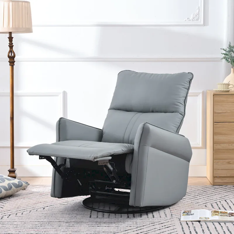 Blue-Gray PU Leather Swivel Glider Rocker Recliner with Pockets, Backrest