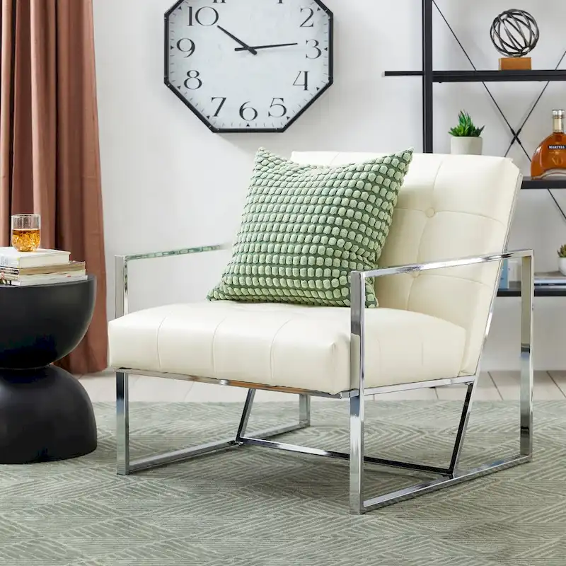 Glitzhome 30.50H Cream Mid-Century PU Leather Tufted Accent Chair with Chrome Plated Frame