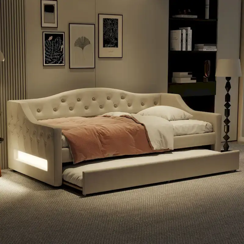 Upholstered Twin XL Size Daybed with LED Belt and Trundle, 84L x 41.5W x 27H
