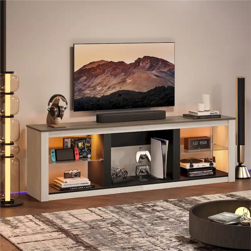 70-Inch LED TV Stand with Tempered Glass Shelves and Open Cabinet - 71 in