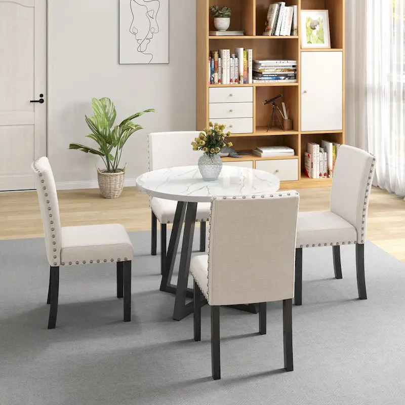 Five-piece dining room set with imitation marble table top,solid wood,space-saving kitchen and dining room combination furniture