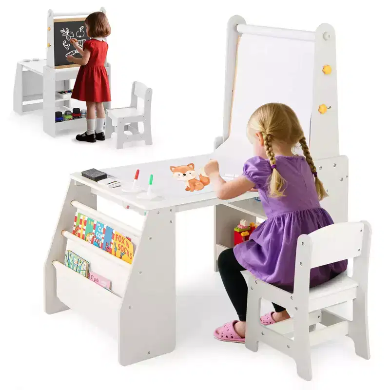 Costway Kids Art Table and Chair Set with Easel & Chair Whiteboard & Chalkboard Paper Roll