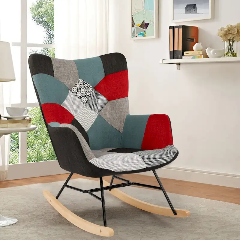 Patchwork Rocking Chair Upholstered Recliner Comfy Accent Chair