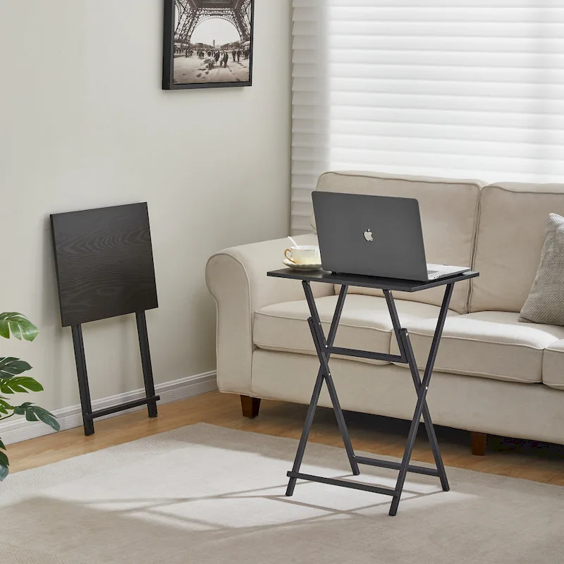 2-Piece Folding TV Tray Table with Wood Top and Metal Frame