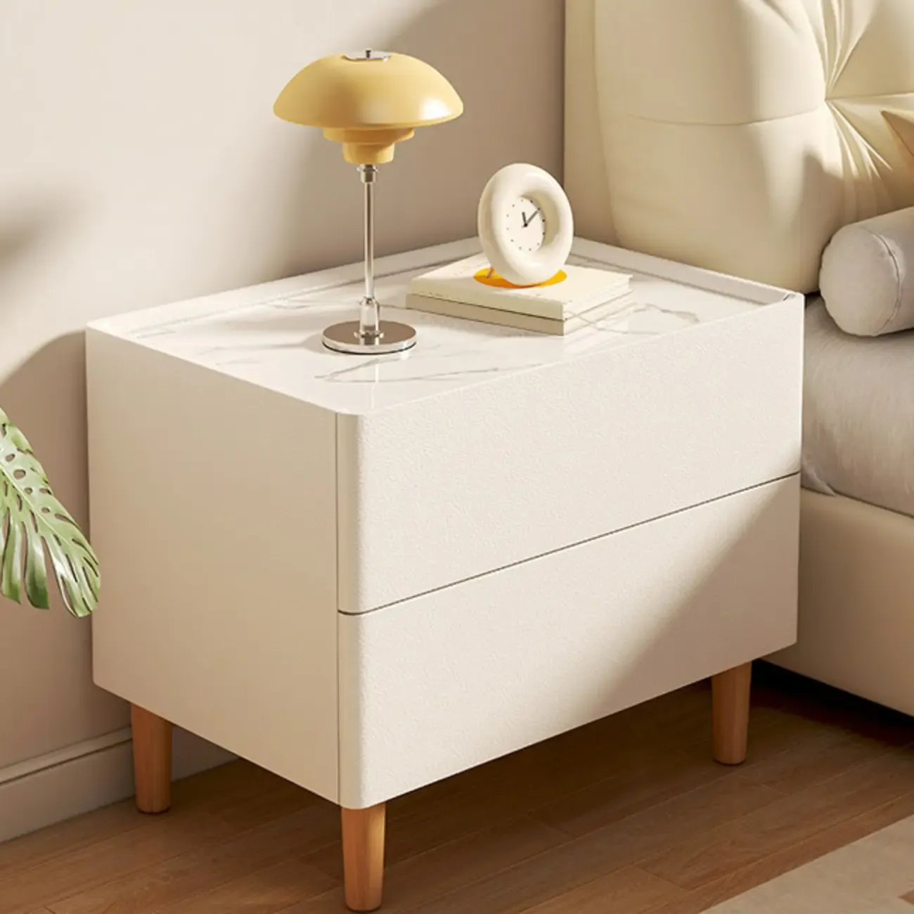 Modern White Sintered Stone Top Leather Drawers Nightstand