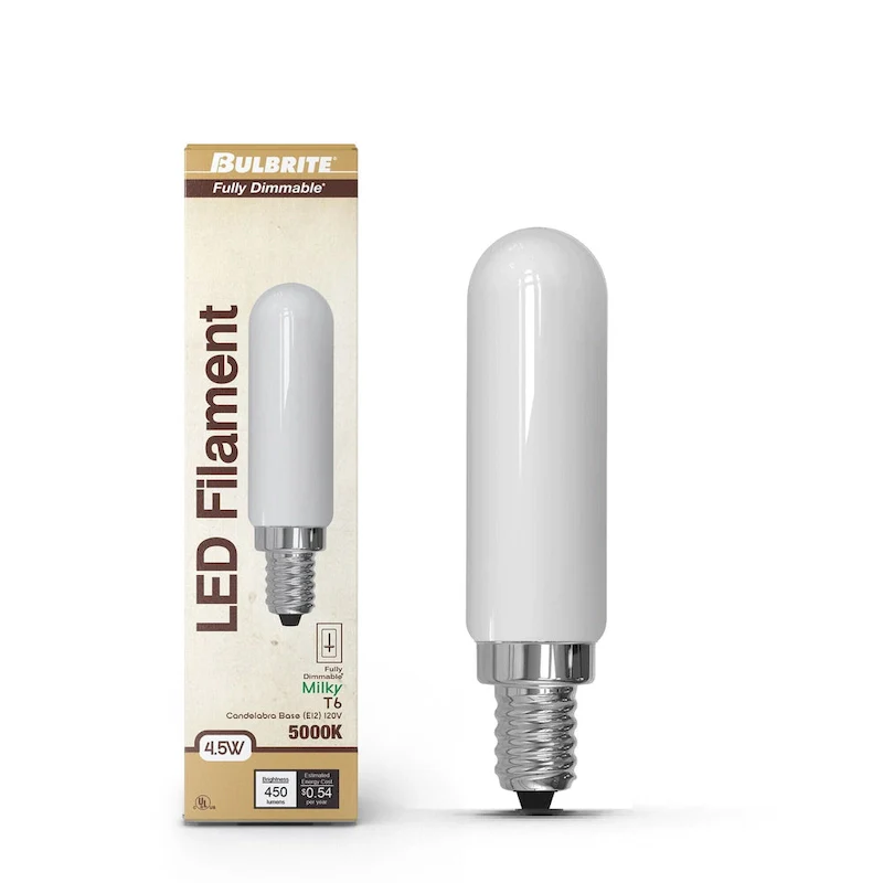 Bulbrite LED Filament Pack of (4) 4.5 Watt Dimmable T6 Light Bulbs with a Milky Finish and Candelabra (E12) Base