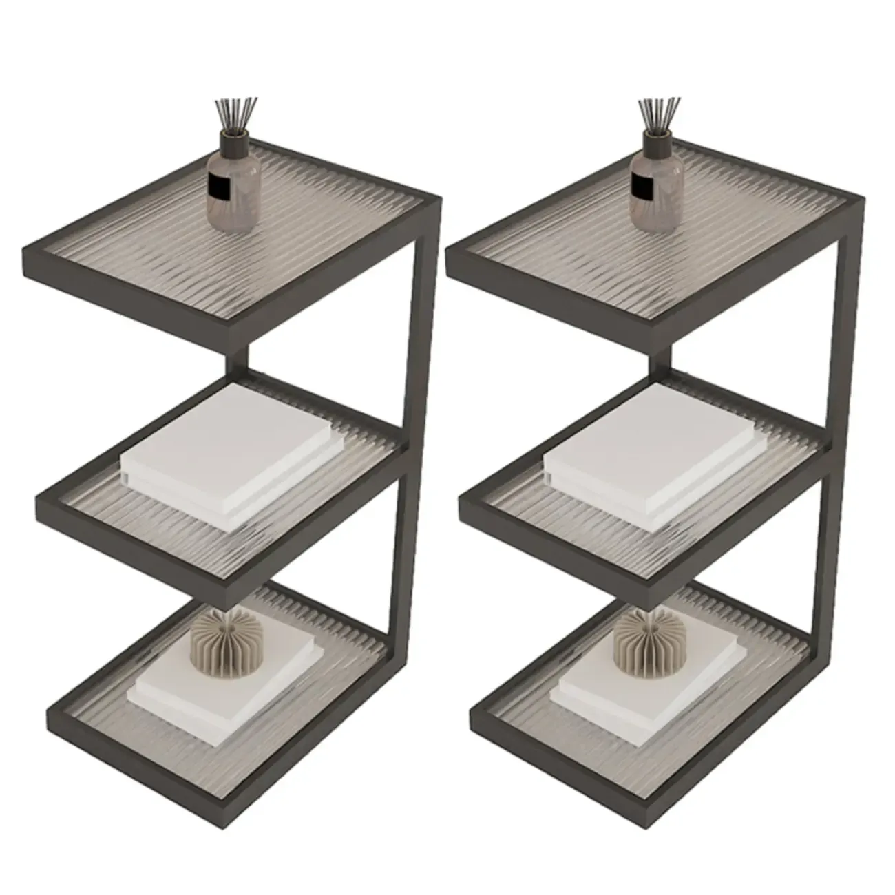 Extra Tall Simple Glass Top and Steel 3 Shelves Nightstand