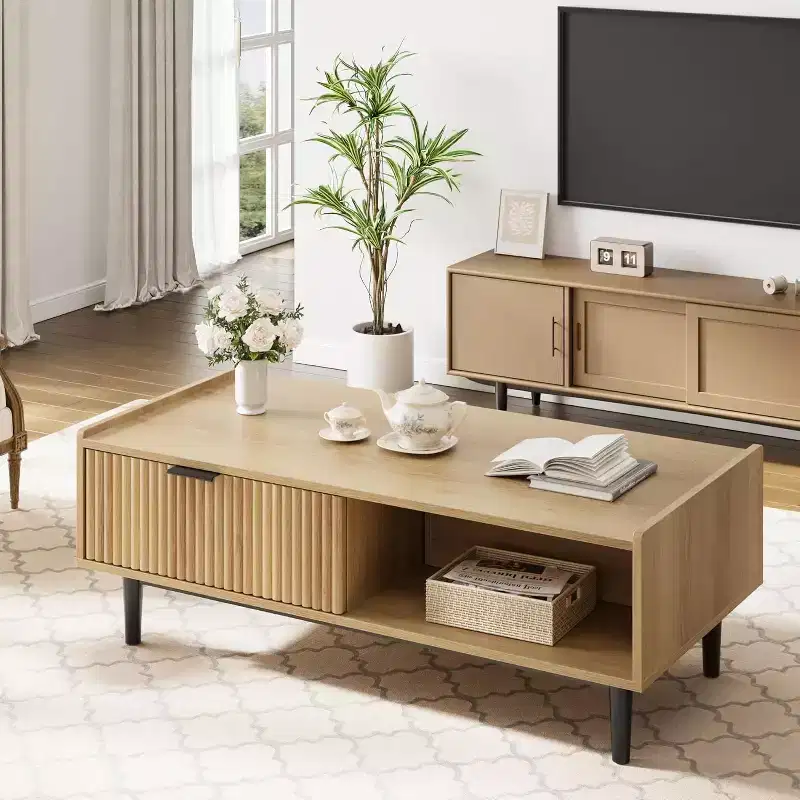 Beige Fluted Rectangle Coffee Table with 2 Drawers and Open Shelves, 4-Leg Design