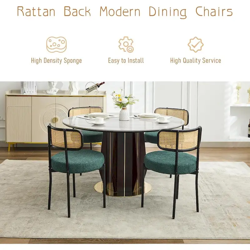 XINMICS Mid-Century Modern Dining Chairs, Boucle Upholstered Metal Side Chair with Rattan Cane Back, Set of 2 - set of 2