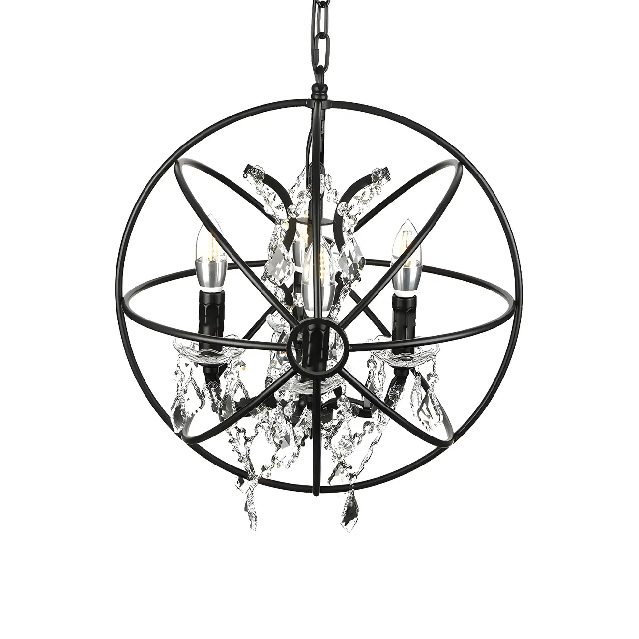 4-Light Industrial Black Iron Chandelier with Crystal