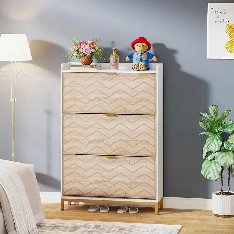 Modern Wood White Shoe Storage Cabinet with 3 Flip Doors,24 Pair Shoe Organizer Cabinet