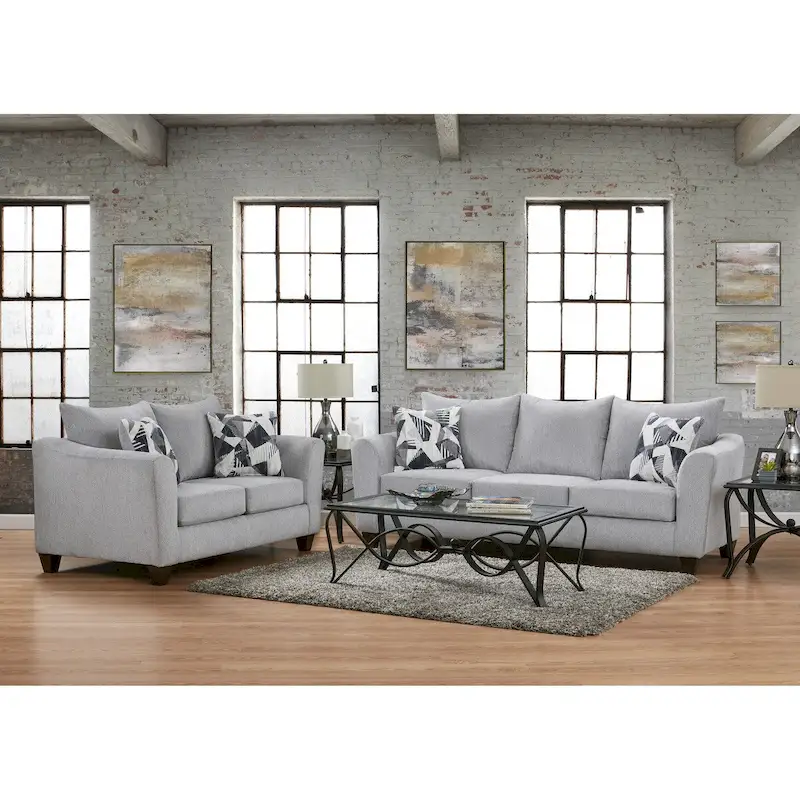 Roundhill Furniture Duleek 2-Piece Living Room Set, Sofa and Loveseat, Herringbone Silver