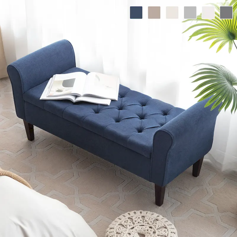 Arm Fabric Storage Ottoman Bench with Solid Wood Legs, 48W x 18D x 23H