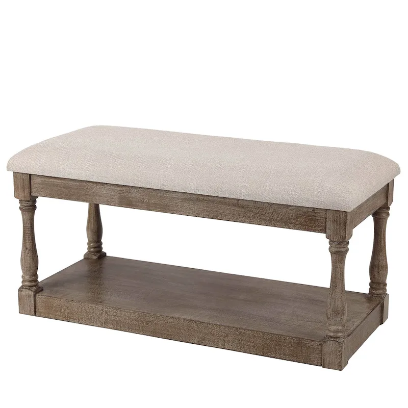 Upholstered Beige Linen Entryway and Bedroom Bench - 17.75 H x 35.5 W x 15.75 D