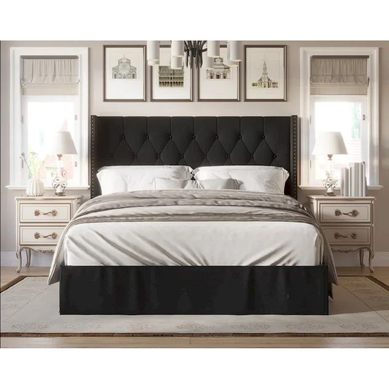 Tufted Upholstered Panel Bed, Wingback Headboard, Nailhead Trim, Seats 2, Grey/Black/Beige/Denim Blue, Twin/Full/Queen/King