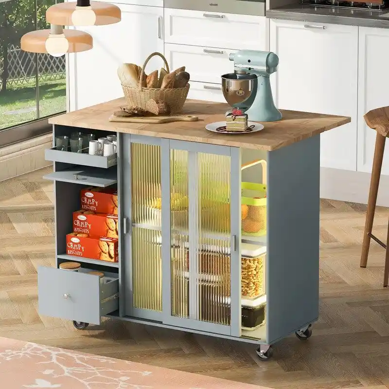 Kitchen Island Cart on Wheels with Drop Leaf,LED Light,2 Fluted Glass Doors and 1 Flip Cabinet Door