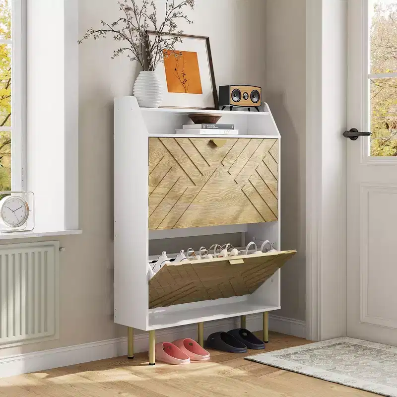 White Narrow 2-Drawer Freestanding Shoe Cabinet with Top Shelf