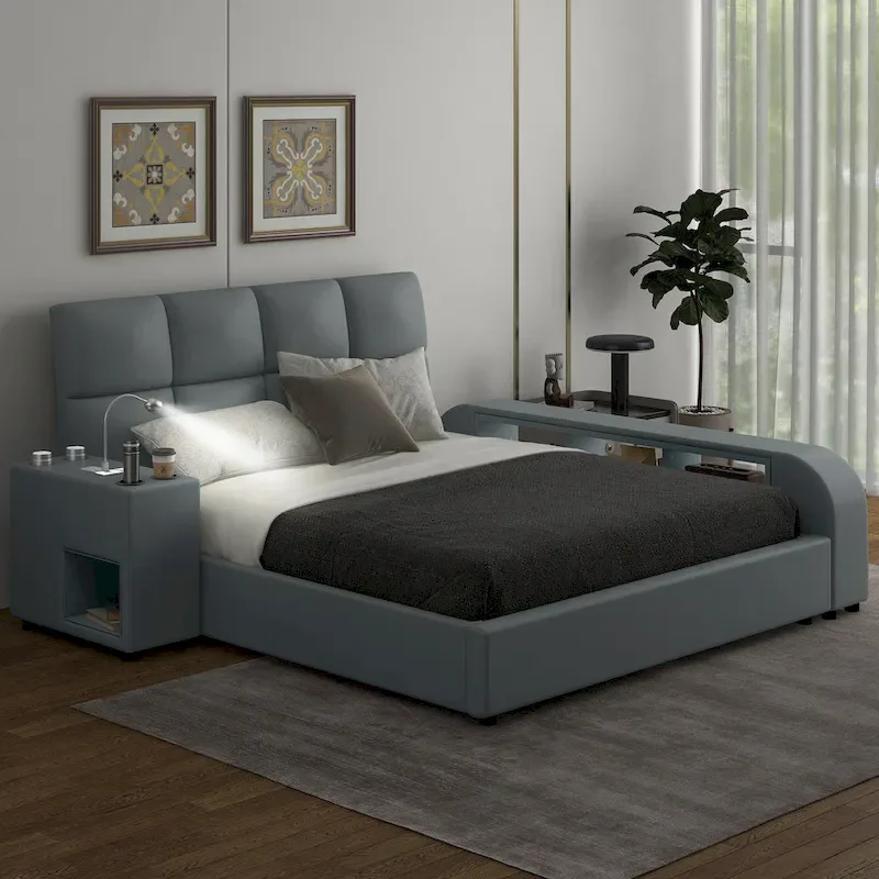 Queen Size PU Leather Platform Bed Frame with Multimedia Nightstand