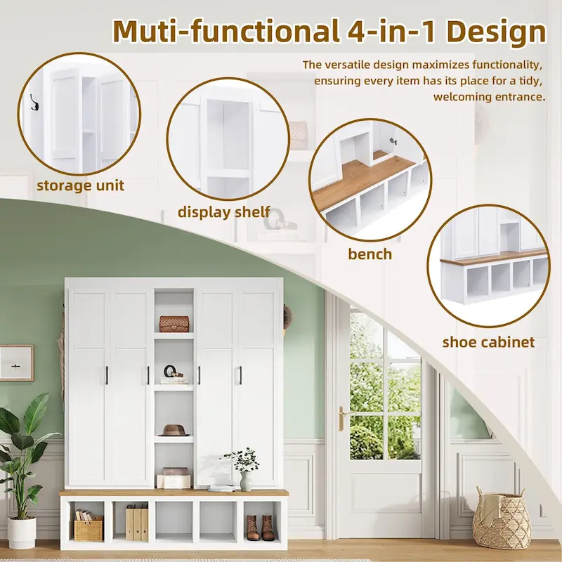 Farmhouse-Style 4-in-1 Hall Tree with Mudroom Bench