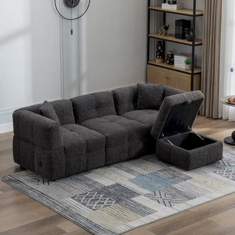 87.7 Fabric 4 Seater Sectional Sofa with Movable Ottoman, 2 USB Ports, and 2 Lumbar Pillows, Ideal for Living Room