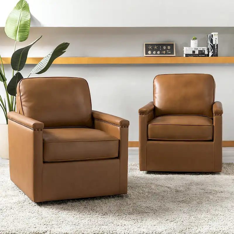 Rita Classic Genuine Leather Swivel Armchair With Nailhead Trims Set Of 2 By HULALA HOME
