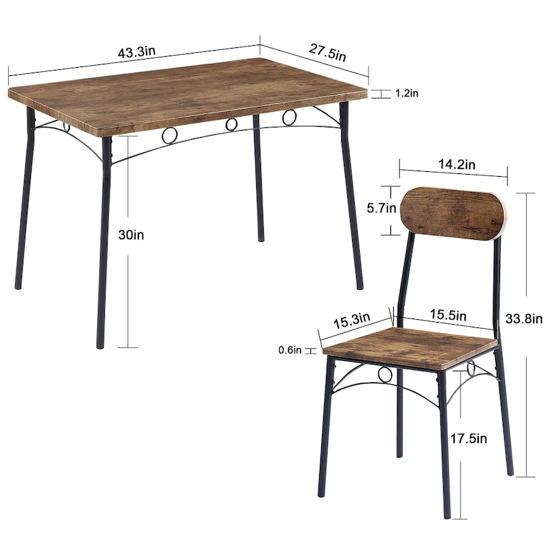 VECELO Dining Table Set, Kitchen Table with 2/4 Chairs, Metal and Wood Rectangular 3/5-Piece Dining Set