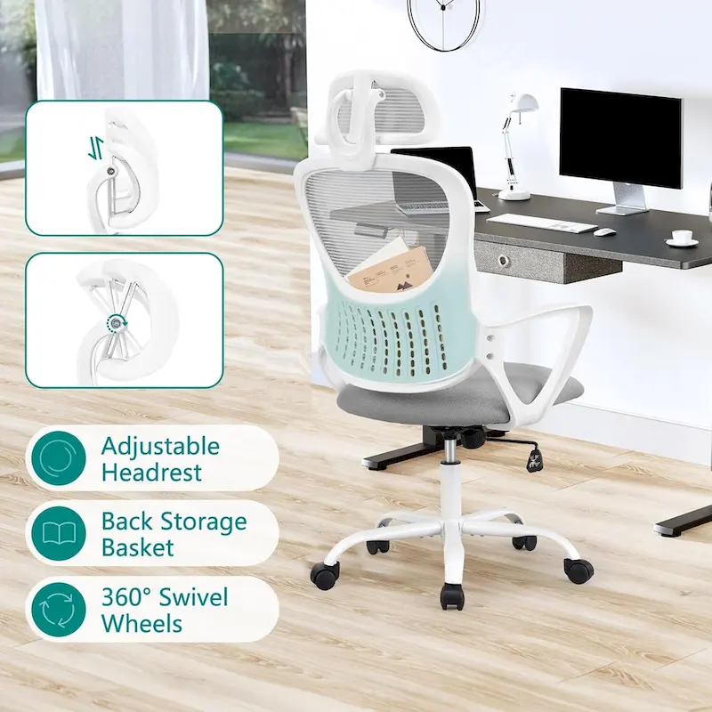 Ergonomic Office Chair, Comfy Computer Desk Chair Mesh High Back with Fixed Arms and Adjustable Headrest, Swivel RollingChair