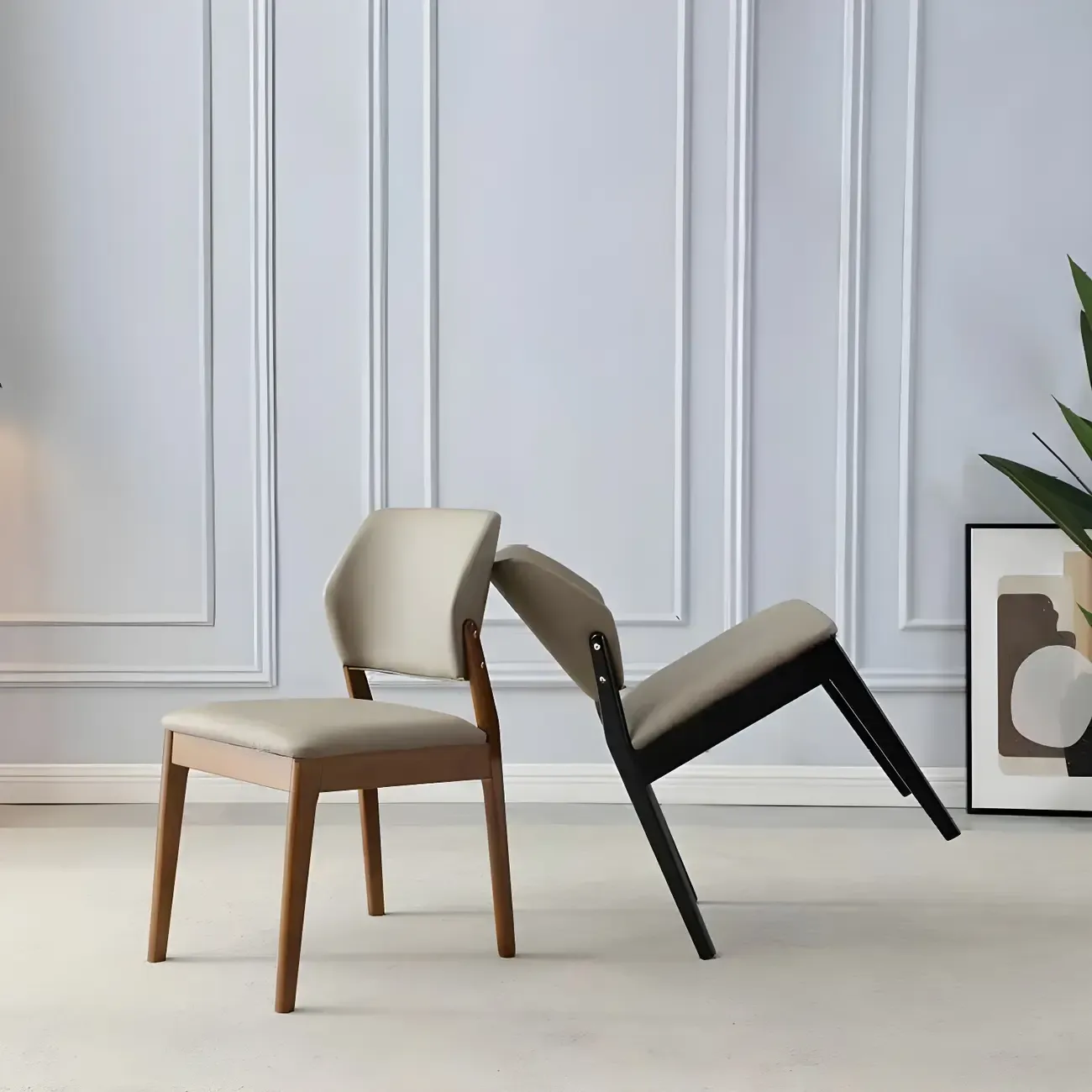 Modern Wood Faux Leather Beige Low Back Dining Chair
