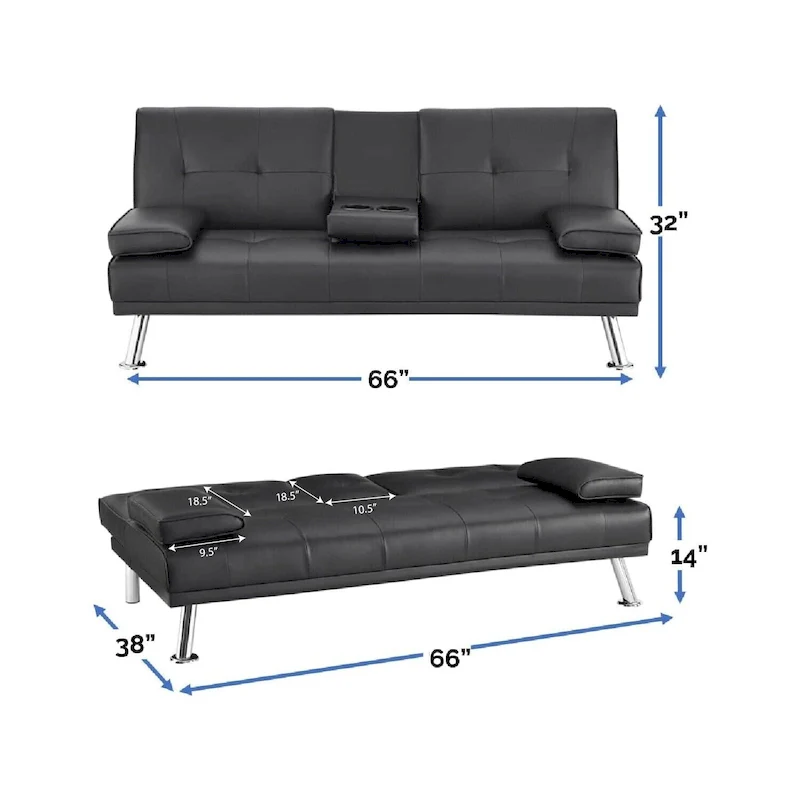 Futon Sofa Bed Couch with Armrest & Cupholders, Faux Leather Sofa Bed Couch Convertible Folding Reclining Small Couch
