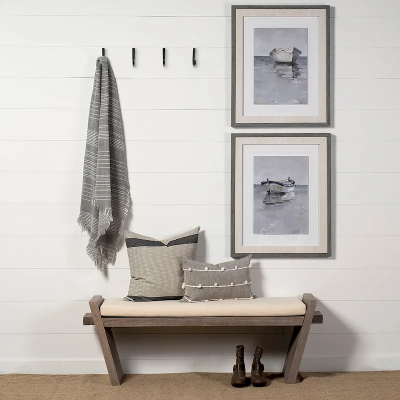 Elaine I Cream Fabric Seat w/ Brown Wood Entryway Bench - 58W x 15D x 20H