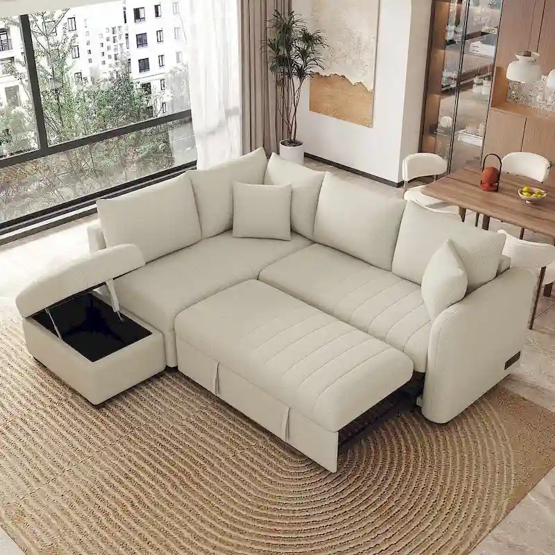 Upholstery Sleeper Sectional Sofa with Movable Storage Ottoman, L-shaped Sectional Pull Out Sofa Bed