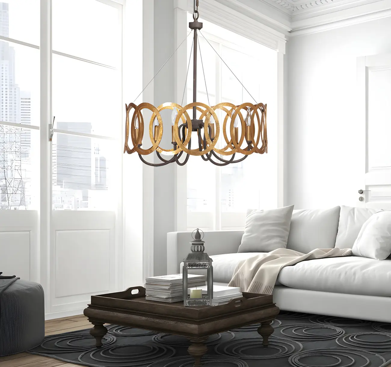 Industrial Rust Style Gold Circular Metal Ring Hoop Chandelier