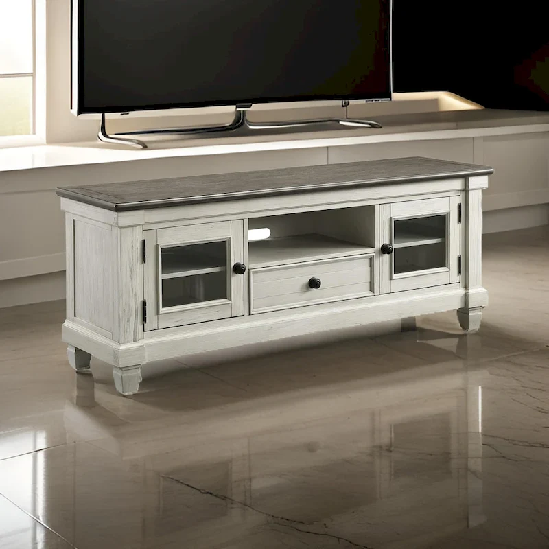 Rome 64 Inch TV Media Entertainment Console, White, Brown, Solid Wood