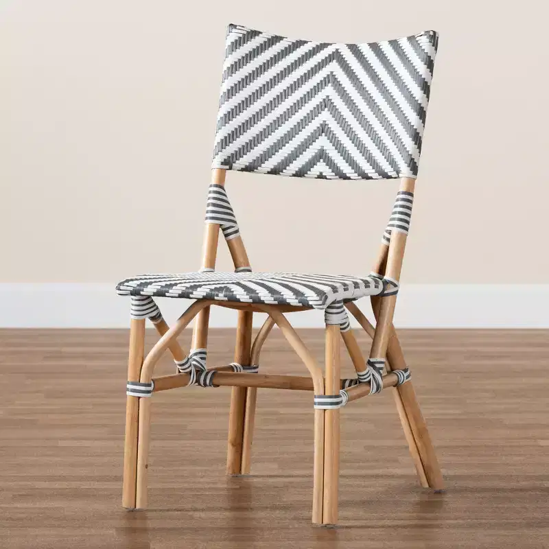 bali & pari Shai Modern French Grey and White Weaving and Natural Rattan Bistro Chair