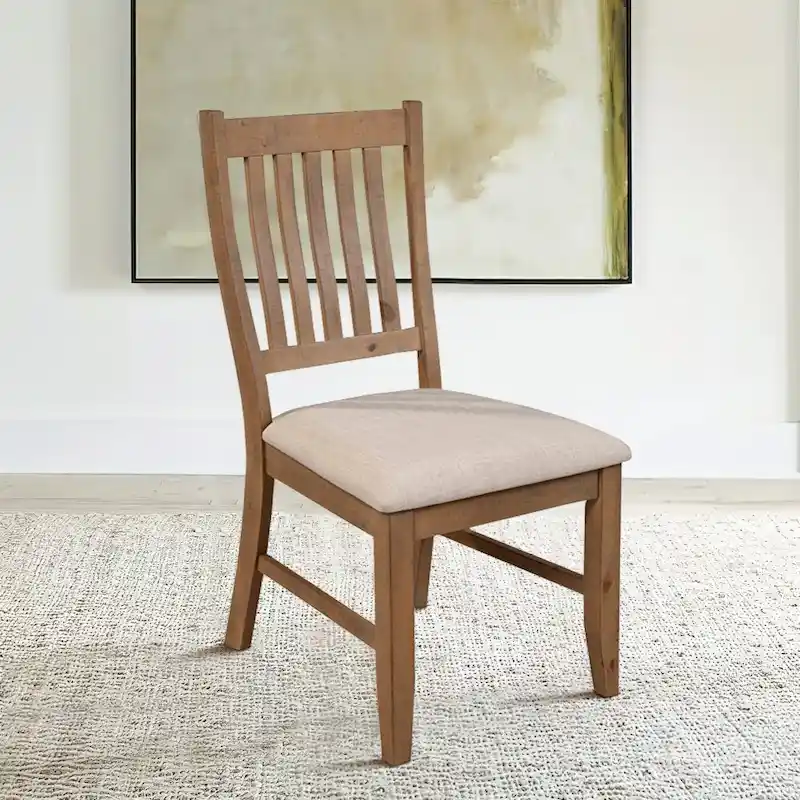 Set of 2 Dining Side Chair, Slatted Back, Beige Cushion, Brown - 20 L x 23.5 W x 39.5 H