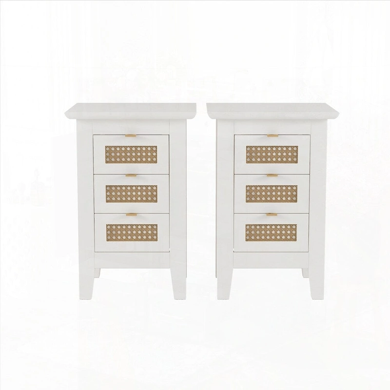 Wooden Nightstands Set of 2 with Rattan-Woven Surfaces and Three Drawers