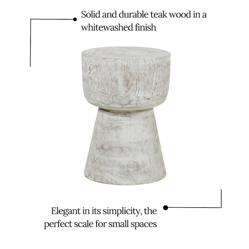Round Solid Teak Wood Whitewash Pedestal Accent Table by East at Main