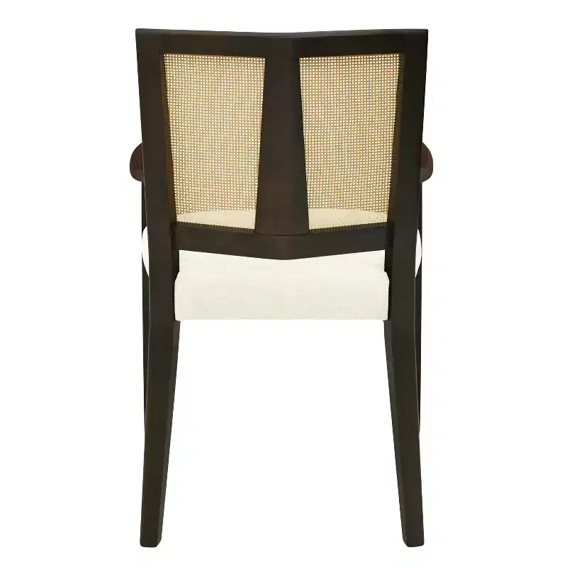 Beige/Dark Brown Upholstered Dining Arm Chairs with Rattan Back, Set of 2