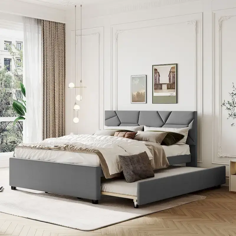 Linen Upholstered Platform Bed Frame with Trundle and Brick Pattern Headboard