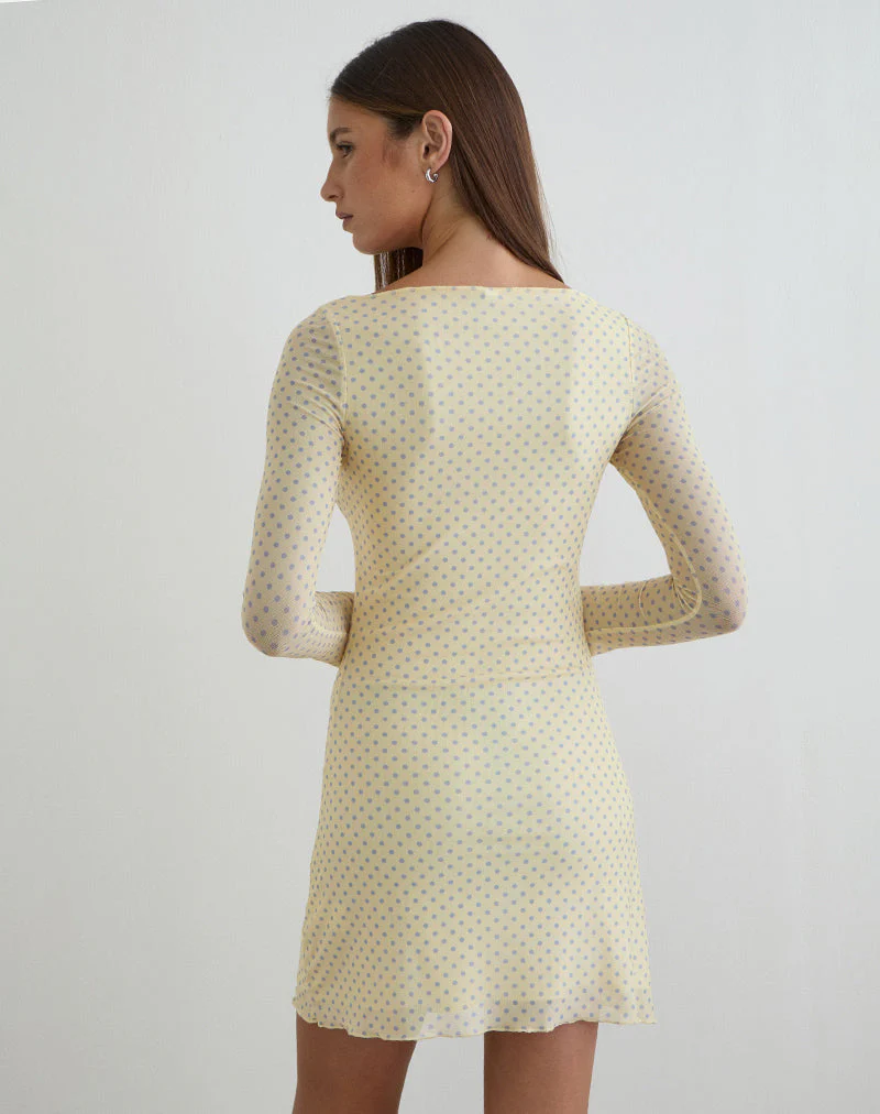 Sevila Mini Dress in Yellow with Compact Grey Polka